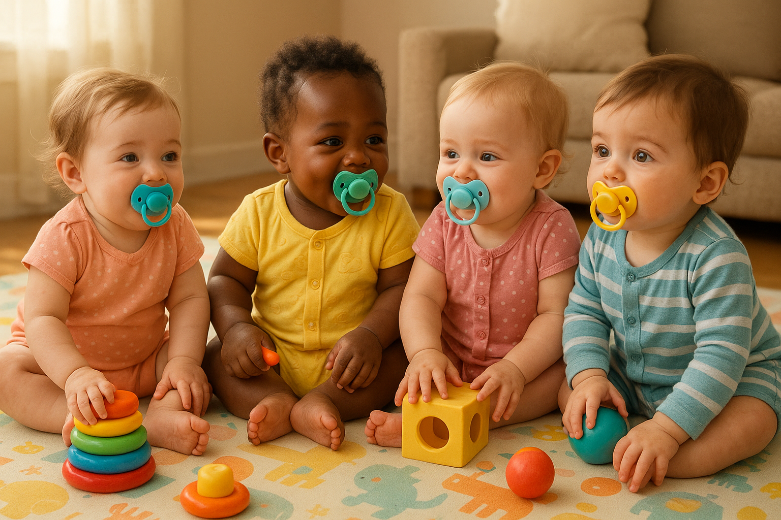 me generas una imagen de unos bebes jugando que vayan vestidos y lleven chupetes